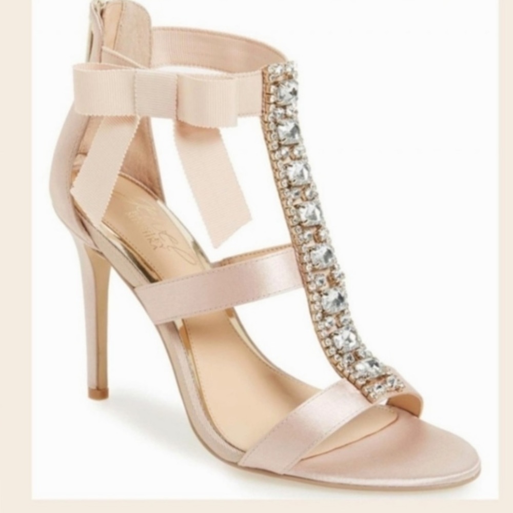 JEWEL BADGLEY MISCHKA Embellished T-Strap Heels Grosgrain Bow Champagne Size 9.5